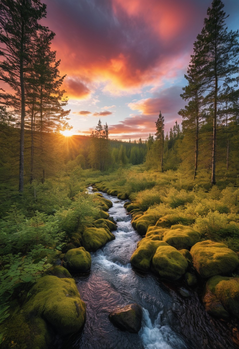 masterpiece, high quality, vibrant colors, analog photo, Norway, pristine nature, wild, desolate forest grove, delicate sunset, bright clouds, epic sky, primeval landscape, summer forest creek, colorful scenery, hyper realistic, beautiful atmosphere, fantasy photo, dense humid, 8k, ultra realistic, higly detailed,