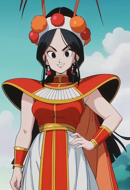 score_9, score_8_up, score_7_up, score_6_up, anime screencap, anime coloring, <lora:DBExtraGirlAnnin:0.8>, DBExtraGirlAnnin, long hair, black hair, black eyes, breasts,
jewelry, earrings, headband, antennae, shoulder armor, skirt, pelvic curtain, sleeveless, bracelet, cape,
standing, smile, looking at viewer, hand on own hip, portrait,