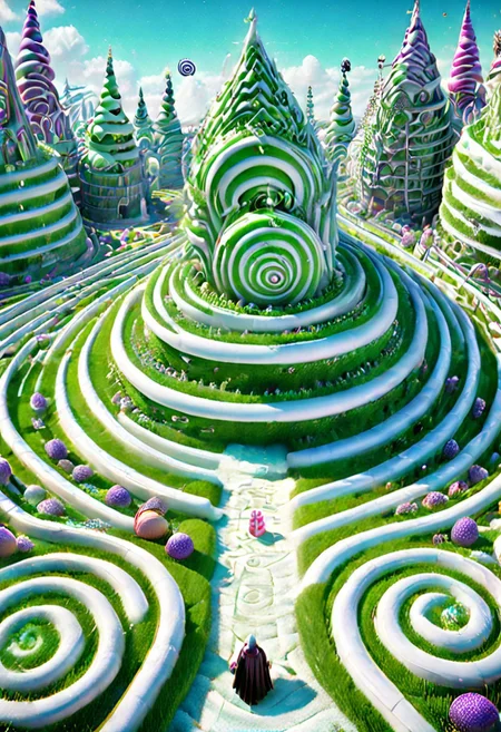 (Labyrinth),castle , A traveler contemplates a gigantic labyrinth made up of dozens of white, grass, medical towers. Candy labyrinth , evil villain