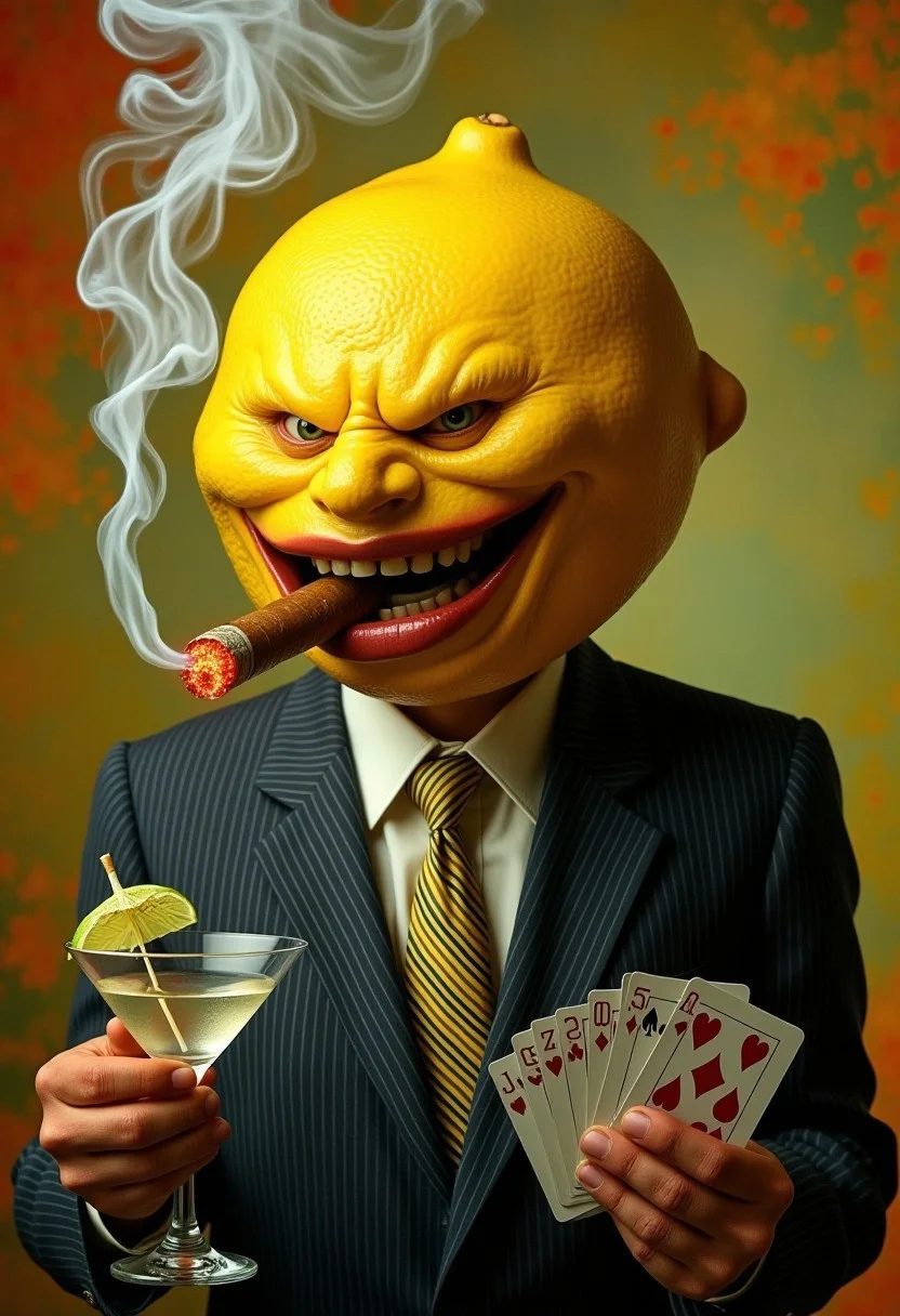 Surreal portrait of a man, but his head is a large, textured lemon with an exaggerated, wide, angry mouth. He’s biting down on a thick, smoldering cigar, the tip glowing fiercely with red and orange embers, casting an ominous light on his lemony skin. Smoke curls dramatically around him, forming abstract shapes in the air. His suit is a sharp pinstripe, but his tie is comically skewed. In one hand, he’s holding a martini glass with a tiny umbrella and a wedge of lime, and in the other, a deck of playing cards mid-shuffle. The background is a vibrant swirl of oranges, yellows, and greens, adding to the absurd, chaotic energy.