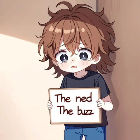1boy, white skin, freckles, brown hair, messy hair, black t-shirt, blue pants, big eyes, cute, tears, black eyes, dilated pupils, English text, Holding a sign that reads the text: "I need Buzz", handwritten text,