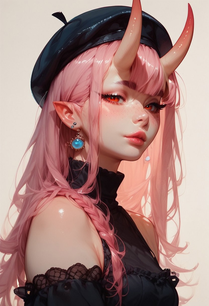 (score_9, score_8_up, score_7_up),(thick outline), pinkubus girl,red eyes,pink hair,otoko no ko, oni horns,black dress,beret,thick,(chubby:0.2),