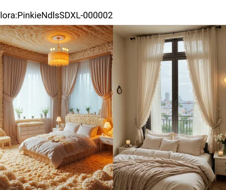 a fancy bedroom setting, (Cozy:1.2) bed with (fluffy:1.1) pillows, (soft:1.1) ambient lighting, (peaceful:1.2) color palette, (dreamy:1.1) curtains, (subtle:1.1) floral decor, (gentle:1.1) breeze through open window, made out of noodles, <lora:PinkieNdlsSDXL-000002:1>, p1nkn00dles,