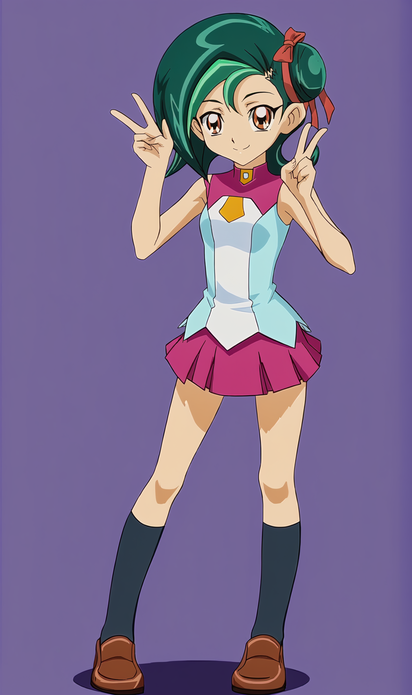 TM, 1girl, solo, green hair, short hair, single hair bun, hair ribbon, brown eyes, school uniform, pink short skirt, black socks, loafers, full body, standing, looking at viewer, smile, simple background, purple background, blank background, victory hand, <lora:Tori Meadows Pony XL:1>