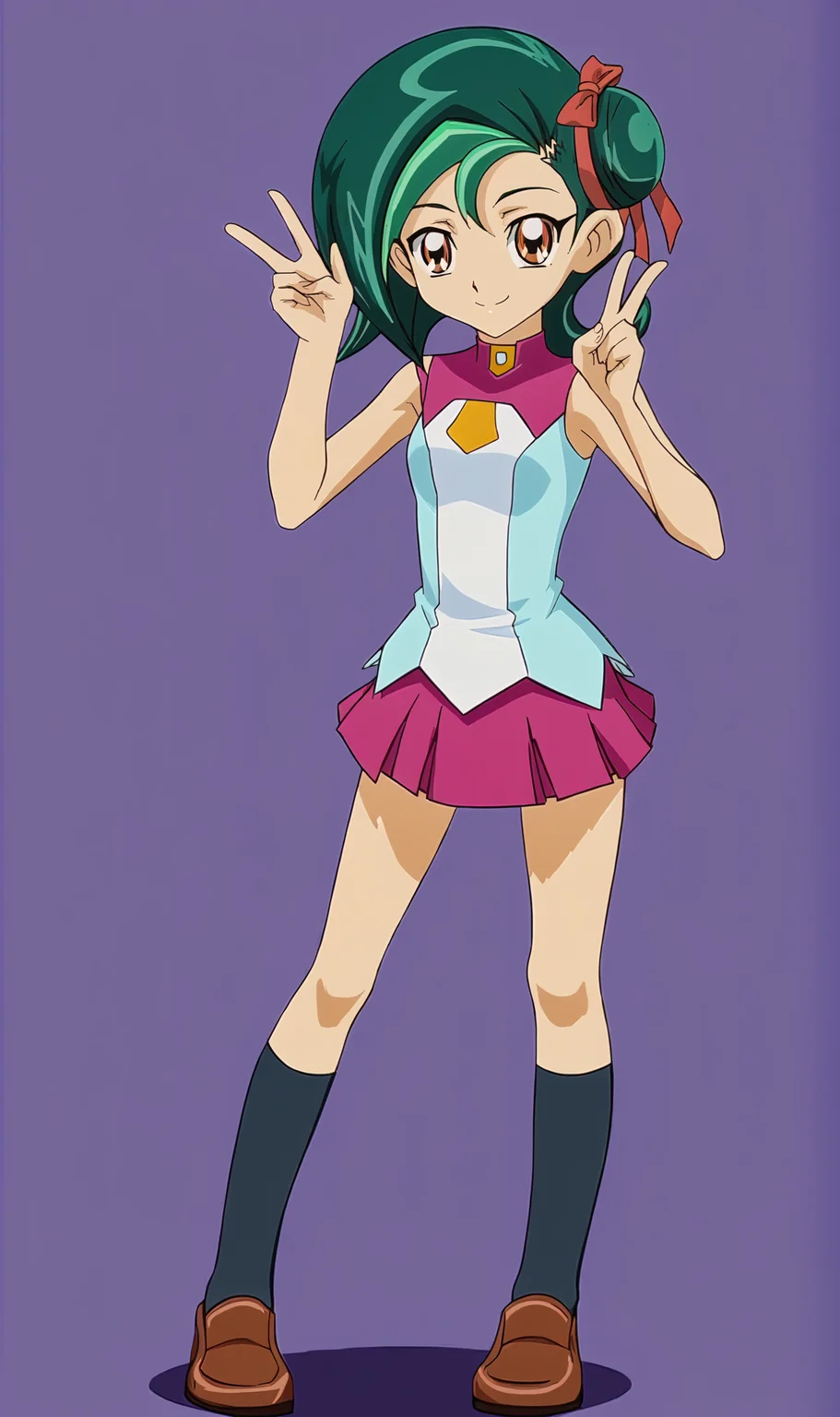 TM, 1girl, solo, green hair, short hair, single hair bun, hair ribbon, brown eyes, school uniform, pink short skirt, black socks, loafers, full body, standing, looking at viewer, smile, simple background, purple background, blank background, victory hand, <lora:Tori Meadows Pony XL:1>