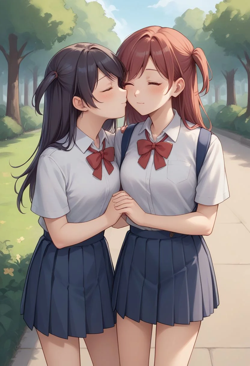 score_9, score_8_up, source_anime, highly detailed,
2girls, closed eyes, yuri, school uniform, one side up, kissing cheeck,
outdoor,