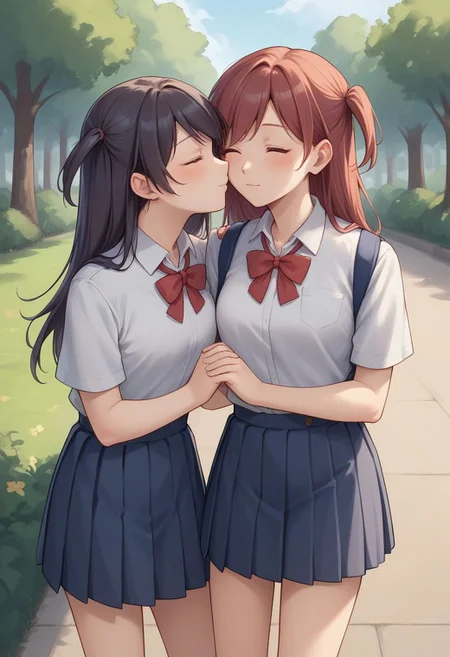 score_9, score_8_up, source_anime, highly detailed,
2girls, closed eyes, yuri, school uniform, one side up, kissing cheeck,
outdoor,
