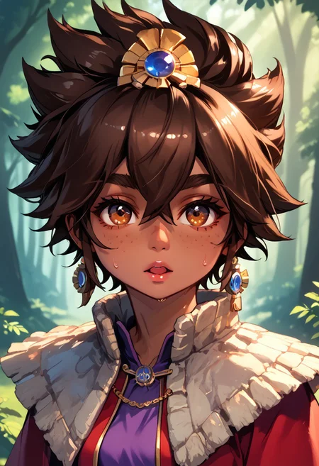 score_9, score_8_up, score_7_up, score_6_up, score_5_up, score_4_up, score_9, score_8_up, score_7_up, detailed, intricate details, chromatic aberration, veins source_anime, , (best quality) , (highly detailed) ,((masterpiece)), ((best quality)), (ultra-detailed), ((extremely detailed)), (high resolution), 4K, (8K), best quality, (beautiful), (dynamic lighting), (super detailed skin), sharp focus, (1_girl, solo focus), score_9,score_8_up,score_7_up,anime coloring, big eyes BREAK source_anime,anime, TaliyahLoLXL, dark skin, tanned skin, Dark skin female, dark skined, freckles, brown eyes, brown hair, short hair, sidelocks, hair between eyes, hair ornament, spiked hair, medium breasts, stone capelet, cape, red jacket, purple dress, solo, front view, (portrait, upper body), solo focus, mouth open, suprised, sweating, bewildered, hands up, looking at viewer, forest, tree <lora:TaliyahLoLXL:0.9>
(Upper body, portrait) , phantom_ix_row_style, masterpiece, best quality, <lora:PhantomIxRowStyle:0.9>, "Closer to artist's style"