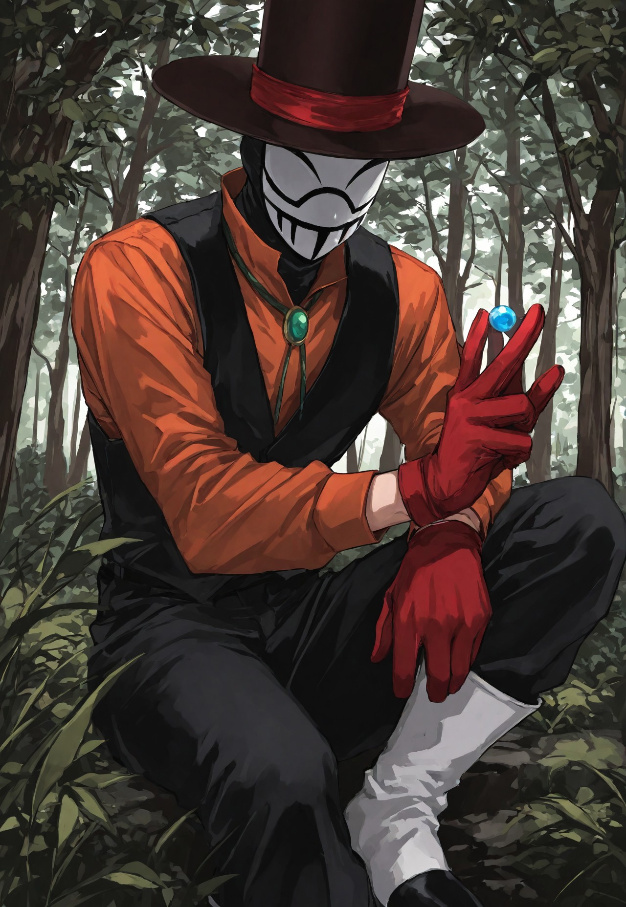 Smooth_Quality, masterpiece, best quality, amazing quality, very aesthetic, absurdres, newest, detailed background, 3ompress, 1boy, solo, top hat, mask, balaclava, shirt, red gloves, pants, boots, holding small marble, between fingers, forest