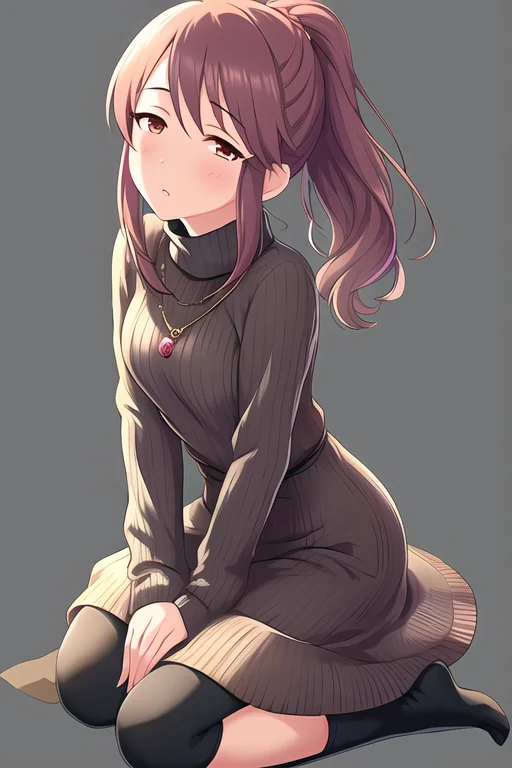 Mifune Miyu, 1girl, black legwear, blush, breasts, brown eyes, brown hair, contemporary, dress, from side, full body, hair between eyes, head tilt, jewelry, long hair, looking at viewer, pendant, ponytail, seiza, sidelocks, simple background, sitting, solo, sweater, sweater dress, turtleneck, turtleneck sweater, white background, white sweater
<lora:deresute-v1.1:1>