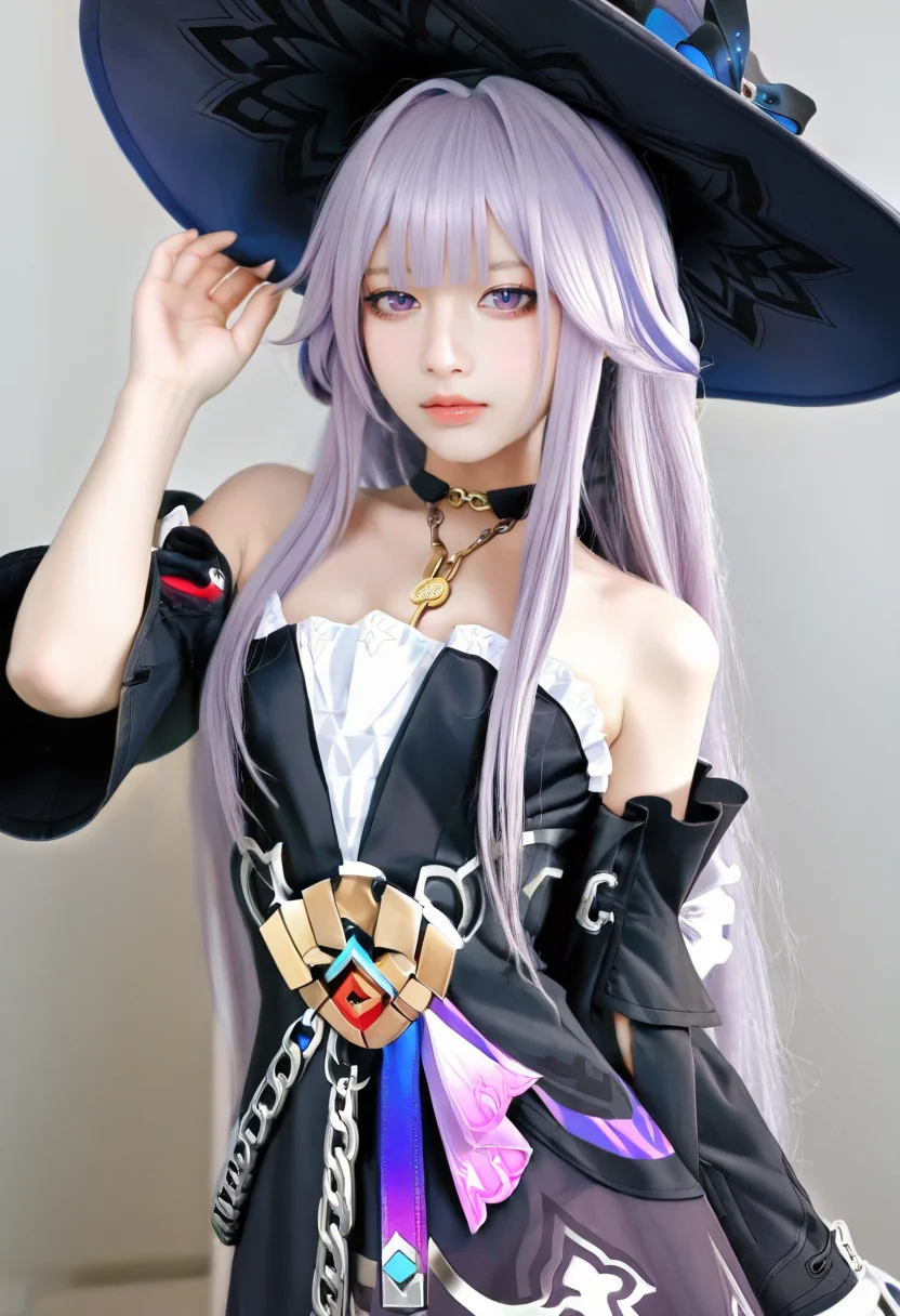 DSLR,(realistic,photorealistic:1.2),cosplay photo, masterpiece, best quality, very aesthetic, absurdres,(miurahha, bacius, ririko \(fhnngririko\):0.4),<lora:star_rail_all:1> 1girl, bare shoulders, black choker, black dress, black hat, detached sleeves, grey hair, herta (honkai: star rail), herta (unknowable domain) (honkai: star rail), looking at viewer, official alternate costume, purple eyes, solo, strapless dress, upper body, very long hair, white ascot, witch hat <lora:noobReal-V1:0.9>