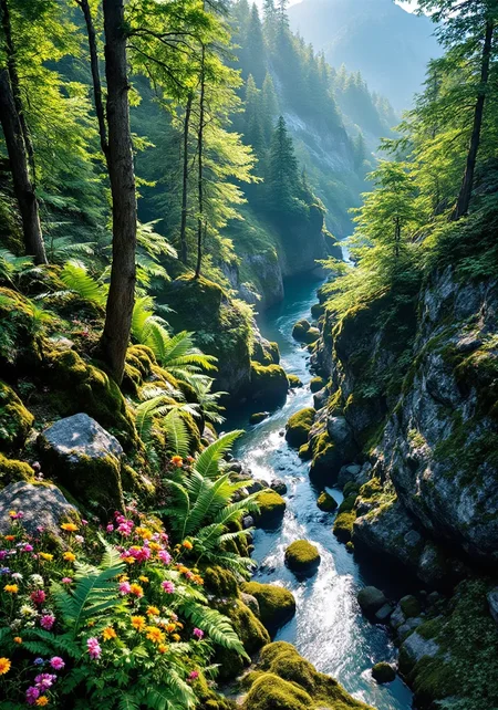 You are an assistant designed to generate superior images with the superior degree of image-text alignment based on textual prompts or user prompts. <Prompt Start> This sweeping aerial view captures a secluded mountain forest clearing beside a meandering river canyon through the lens of a high-resolution camera. Detailed emerald textures of ancient moss-covered boulders, lush ferns, and vibrant wildflower clusters intertwine with rustic tree trunks and soft, crumpled leaves. The scene is captured with dynamic low-angle and intimate eye-level perspectives, where delicate natural light filters through gentle mist and radiant sunbeams, illuminating intricate patterns and subtle gradients. In 8k resolution, this masterpiece quality image showcases rich natural tones and an intricate spatial composition that evokes a serene, untouched terrain bathed in brilliant natural hues and atmospheric depth.