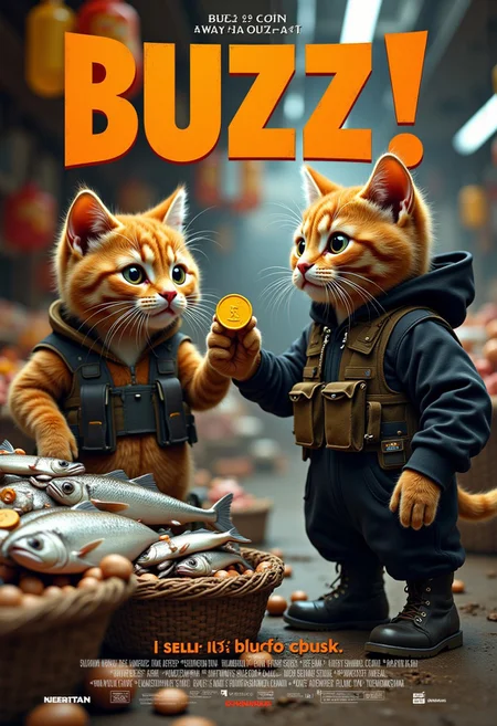 a realistic picture,((((Display the text " please buy my fish for Buzz!!" on top a movie poster))))
Movie poster of 2 orange cats wearing black military tactical pants and military boots and wearing black hoodie, and tactical gears, the orange cats standing in front fish stall in market, image of a hand offering BUZZ COIN,( the usual stacks of cash Instead, the shelves are lined with small, neatly arranged coins, each shaped like a tiny, stylized orange lightning bolt. The coins are labeled as "Buzz." )) to a fishmonger cat, holding fish, 8k, ultra detailed, at the market, <lora:cashbaba:0.6> <lora:xl_more_art-full_v1:0.5> I background: traditional fish market ,his two paws are grasping onto a bright yellow buzz coin,that is almost his size as he is trying to drag it off the counter top, logo:1.9 <lora:Harrlogos_v2.0:1.9>, (full body shots),
((((Display the text "i sell fish for buzz!!" on a movie poster))))