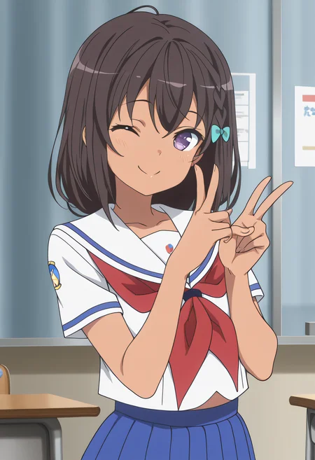 masterpiece,best quality,amazing quality,very aesthetic, absurdres
1girl, solo, Mayumi Uchida, tan skins, braid, black hair, purple eyes,
school uniform, serafuku, short sleeves, skirt, blue skirt, pleated skirt, neckerchief,
V hands, wink, handgesture,
looking at viewer,
anime coloring,