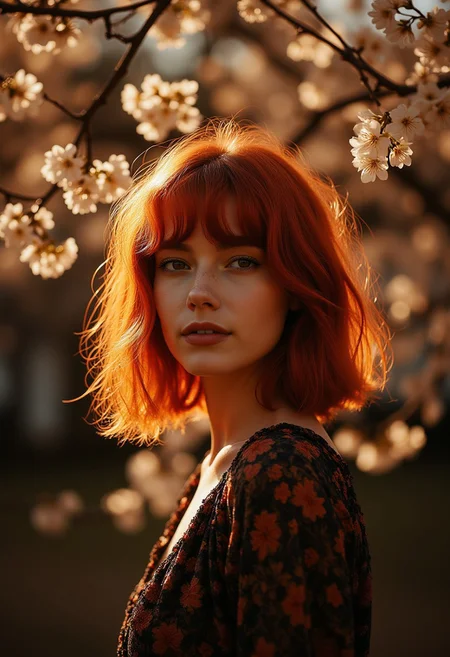 A fashion model with rich red hair and a warm, textured, wavy bob cut, stands in a side view, dressed in a patterned top with a deep neckline and long sleeves. Blossoming branches frame her, set against a blurred background with warm, dramatic lighting. The scene is shot on a Hasselblad X2D 100C with a XCD 30mm f/3.5 lens, capturing the model's charming gaze with gentle smile and the soft, warm tones of the environment. The lighting is soft yet directional, casting gentle shadows and highlighting the model's features, with a subtle film grain adding texture to the image. the scene has a slightly surreal, dreamlike quality, with deep, rich colors and a moody, atmospheric feel. aidmaMJ6.1, Chiaroscuro Lighting Style