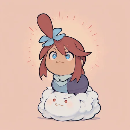 T00CUT3, skyla (pokemon), sitting on cloud, :3, ,<lora:T00CUT3_IXL:1.0>, <lora:SkylaPokemonIXL:0.8>,