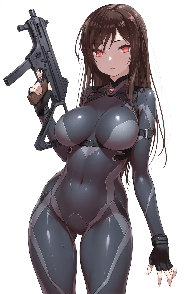 masterpiece, best quality, amazing quality,
<lora:Body_IL:1> stylebody_lj, 1girl, solo, weapon, long hair, gun, bodysuit, red eyes, breasts, fingerless gloves, gloves, large breasts, looking at viewer, white background, submachine gun, skin tight, holding, simple background
