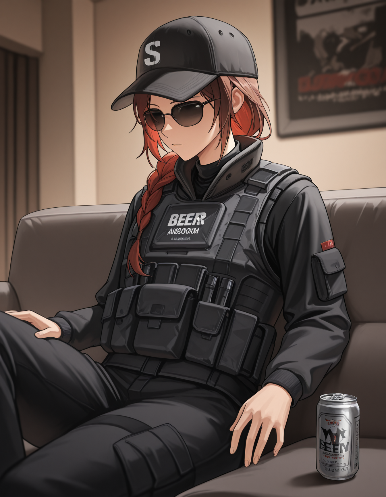 <lora:siege-illustrious-000010:1> solo, as5s1eg, red hair, brown hair, baseball cap, sunglasses, black jacket, black shirt, long sleeves, bulletproof vest
living room, sofa, relaxing, beer can, masterpiece,best quality,amazing quality