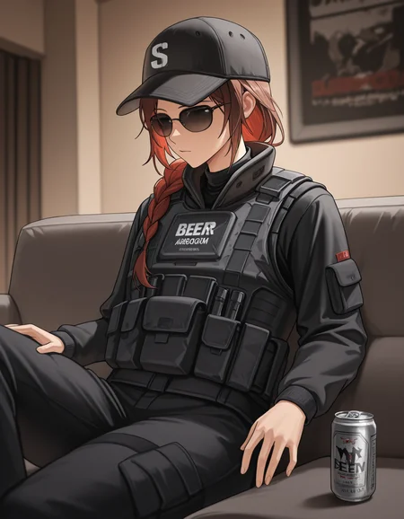 <lora:siege-illustrious-000010:1> solo, as5s1eg, red hair, brown hair, baseball cap, sunglasses, black jacket, black shirt, long sleeves, bulletproof vest
living room, sofa, relaxing, beer can, masterpiece,best quality,amazing quality