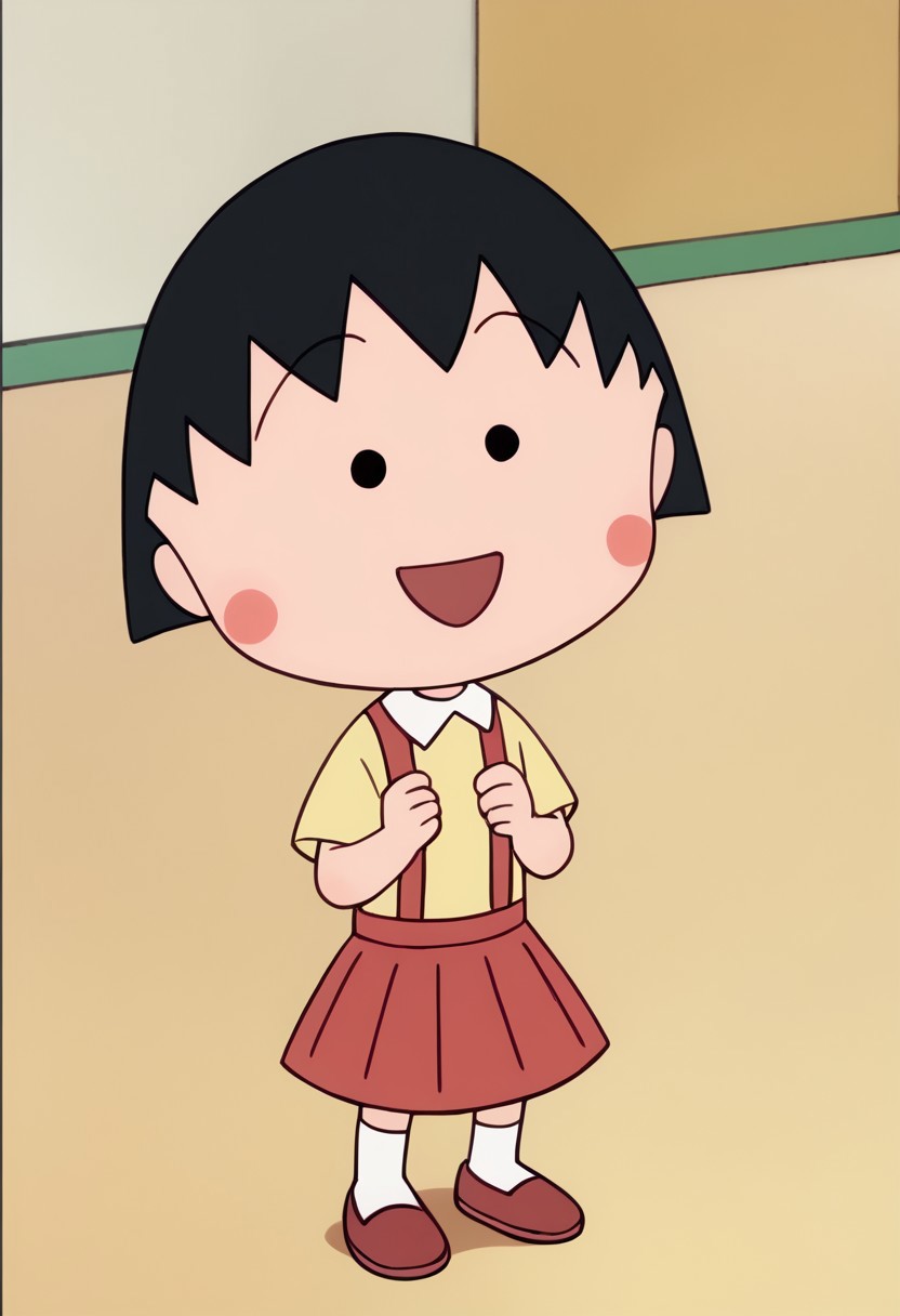 score_9, score_8_up, score_7_up BREAK ChibiMaruko, 1girl, black bobcut, black dot eyes, pink circle blush, happy, solo, solo focus, short-sleeved yellow shirt, red suspenders, red pleated skirt. white socks, flat red shoes, full body,