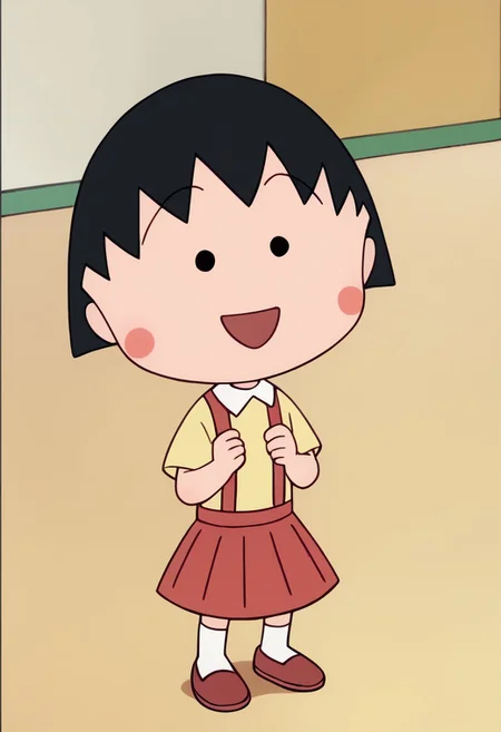 score_9, score_8_up, score_7_up BREAK ChibiMaruko, 1girl, black bobcut, black dot eyes, pink circle blush, happy, solo, solo focus, short-sleeved yellow shirt, red suspenders, red pleated skirt. white socks, flat red shoes, full body,