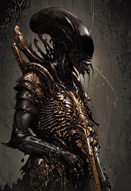 score_9, score_8_up, score_7_up, score_6_up, score_5_up, score_4_up,<lora:Fant5yP0ny:0.8>, xenomorphic creature from Lords of the Fallen, black templar armor, gold sword of Pieta, solo, gold eyes, blood on face