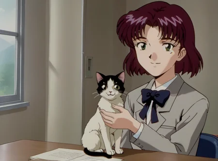 1girl, solo, rits4, school uniform, mole under eye, purple hair, short hair, green eyes, bow, young, stroking cat, sitting, desk, smile, cat, retro artstyle, <lora:rits4:1>,