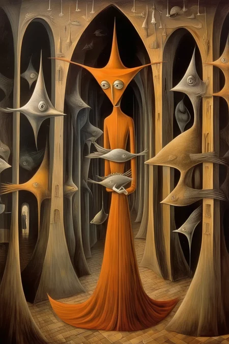 <lora:Remedios Varo Style:1>Remedios Varo Style - A surreal scene with unusual characters, mix the styles of Lenora Carrington, Remedios Varo and Frieda Khalo and MC Escher. A mysterious and magical invention