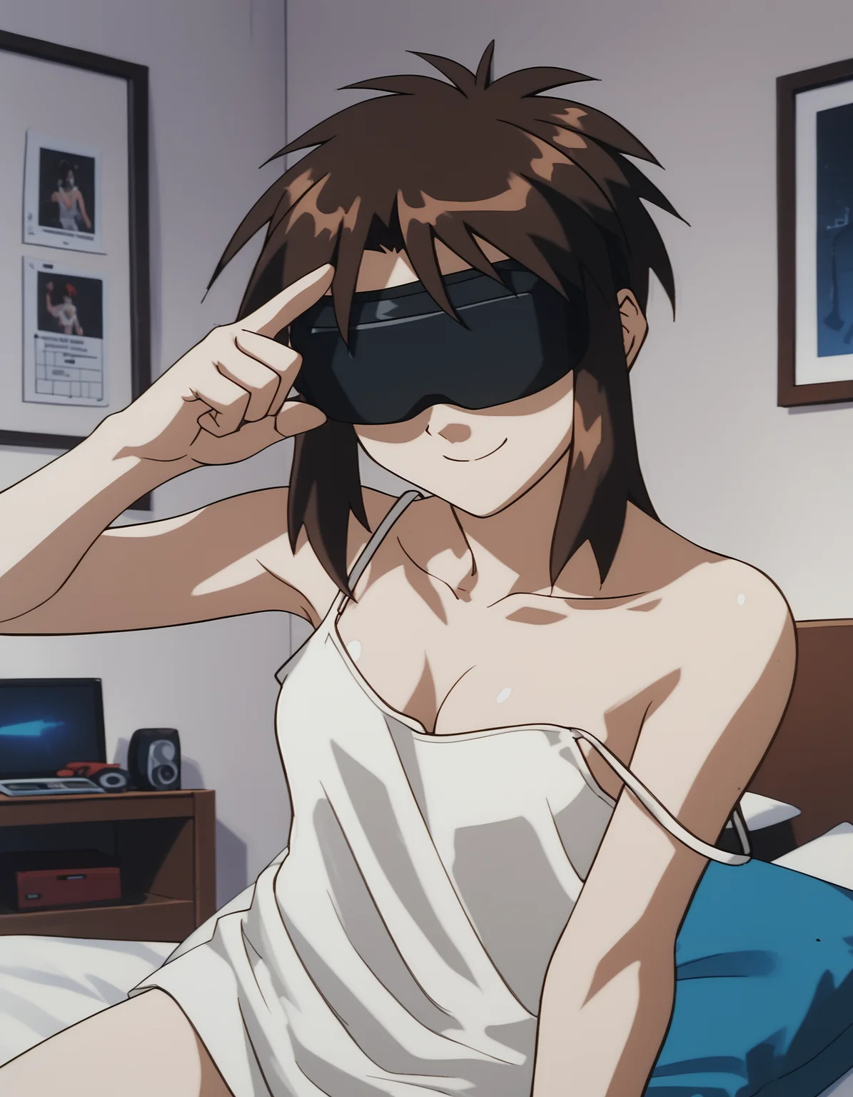 score_9, score_8_up, score_7_up, source_anime, <lora:priss-v3-ponyxl-000005:1> 1girl, solo, priss, white tank top, strap slip, no pants, wearing vr headset, smile, indoors, bedroom, thumbs up