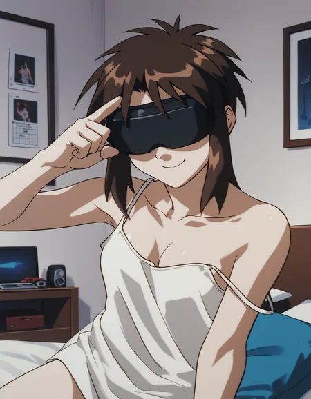 score_9, score_8_up, score_7_up, source_anime, <lora:priss-v3-ponyxl-000005:1> 1girl, solo, priss, white tank top, strap slip, no pants, wearing vr headset, smile, indoors, bedroom, thumbs up