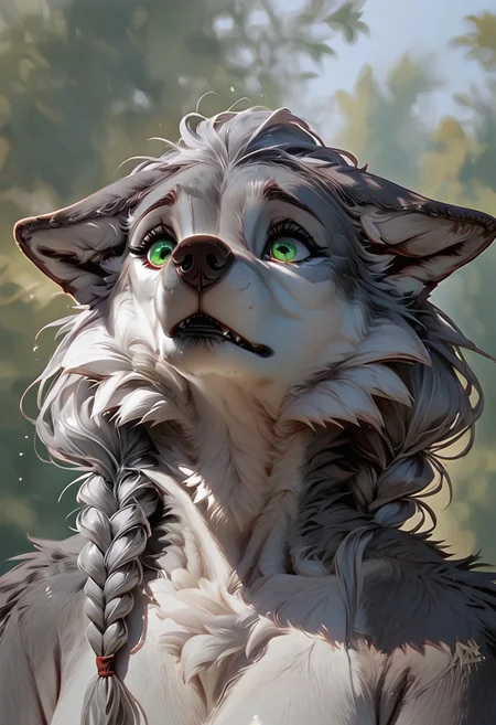 score_9, score_8_up, score_7_up, gray anthro female wolf, (folded ears), frontview, green eyes, gray fur, gray hair, gray twin braids, forrest, looking down, submissive