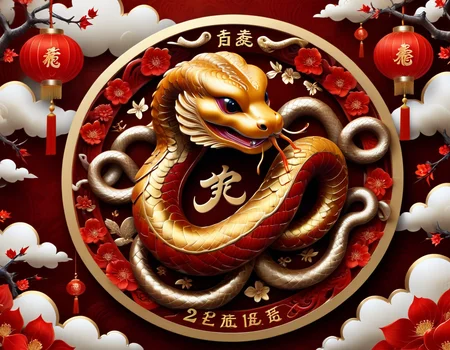Imagine a dynamic logo for the Chinese New Year, representing the Year of the Snake. At the center, a stylized, sinuous snake in intertwined red and gold scales symbolizes luck and prosperity. The snake forms a circle, creating a sense of harmony and continuity. In the background, patterns of clouds and festive lanterns add a touch of Chinese tradition. At the bottom, in calligraphic characters, the inscription "Year of the Snake" in gold illuminates the logo. This design evokes both the wisdom and energy of the magnificent year ahead, inviting everyone to celebrate with joy and hope