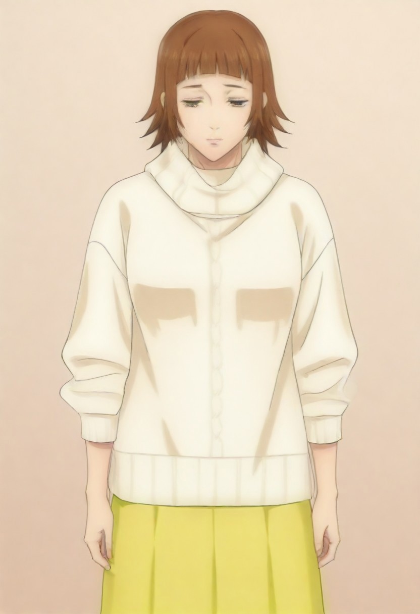 masterpiece, best quality, amazing quality,,, shiny skin,,,,,,,,yuozawa, brown_eyes, brown_hair, short_hair, blunt_bangs,, turtleneck, white_sweater, long_skirt, yellow_skirt,