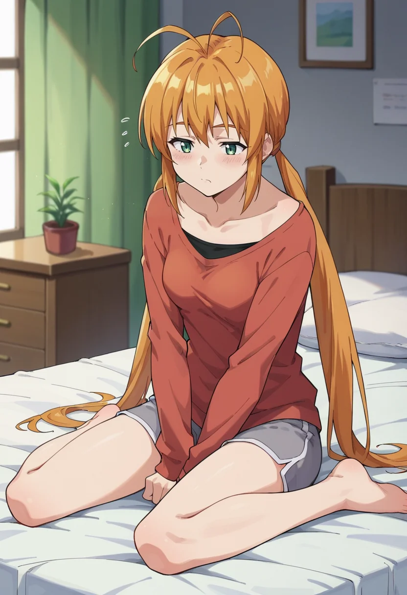 score_9,score_8_up,score_7_up,score_6_up,score_5_up,score_4_up,anime coloring BREAK source_anime,anime,<lora:Monica_Adenauer_Yakitate_Japan_Pony_r1:0.7>,monica,1girl,solo,green eyes,orange hair,twintails,long hair,antenna hair,orange shirt,grey shorts,sleepy,sitting,on bed,bedroom,