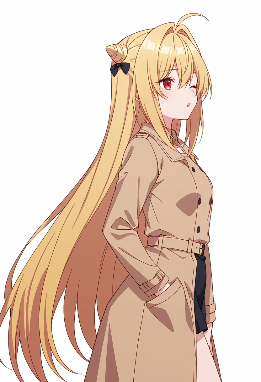 Smooth Quality,masterpiece,very intricate, high quality details, ultra realistic, high detailed skin,detailed enviorement,absurdres,
hand between legs,
<lora:Terakomari_Gandesblood_CNR:0.8>
terakomari_cnr, 1girl,blonde hair, very long hair,cone hair bun, double bun,ahoge, hair between eyes, hair intakes, red eyes,black bow,, simple background, white background, from side,
walking, one hand in pocket, looking aside, casual, confident, ,, ;o,, trench coat, ,unitard, ,micro skirt, ,