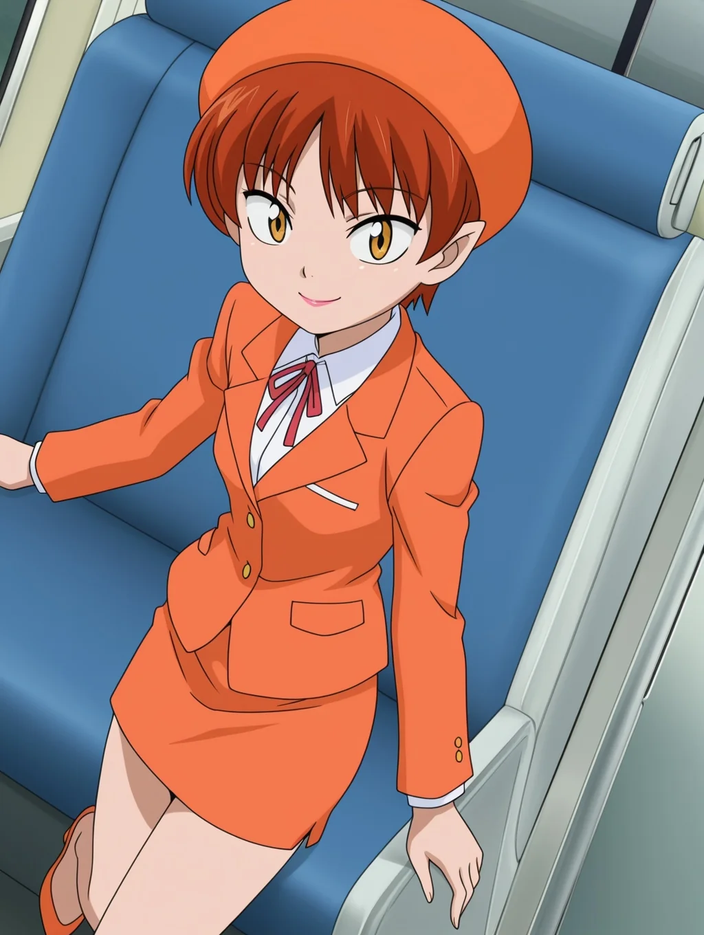masterpiece, best quality, amazing quality, detailed background, perfect eyes, anime coloring, anime screenshot, 2000s \(style\), 1girl, solo, nekomusume (gegege no kitaro 5), red hair, short hair, choppy bangs, yellow eyes, small breasts, lipstick, tour guide, orange hat, orange jacket, long sleeves, white collared shirt, red lace ribbon, orange pencil skirt, orange heels, smile, dutch angle, cowboy shot, (bus interior),