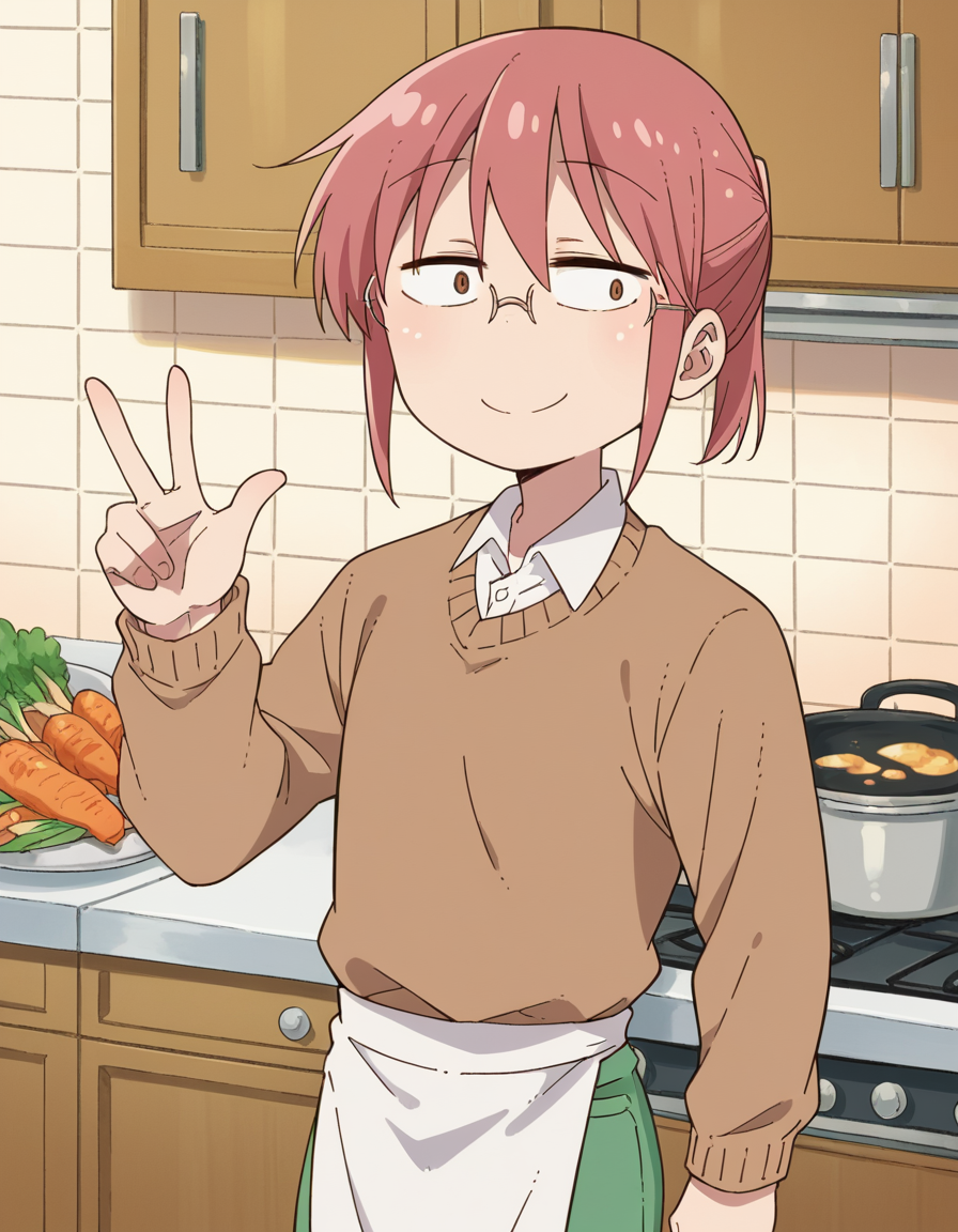 score_9, score_8_up, score_7_up, source_anime, <lora:dragon-kobayashi-s2-ponyxl-lora-nochekaiser:1>, kobayashi, ponytail, pink hair, glasses, short hair, brown eyes,, shirt, long sleeves, white shirt, collared shirt, pants, sweater, brown sweater, green pants,, kitchen, cooking, apron, cutting vegetables, home cooking, smile, , v, v over eyes,, solo,, dutch angle,