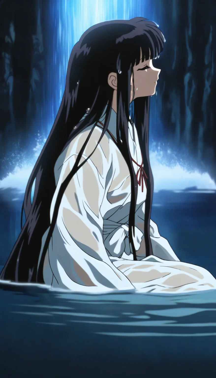 masterpiece,best quality,amazing quality,
<lora:kikyoNAI:1>,k1ky0,
1girl,solo,black hair,long hair,bangs,(white robe:1.1),red ribbon necklace,white waist ribbon,sitting sideways,in water,wet hair,waterfall in background,soft lighting,