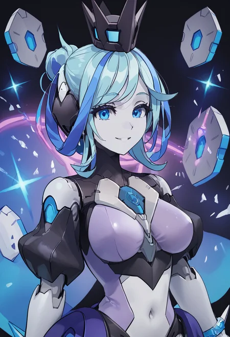 score_4,score_5,score_6,score_7_up,score_8_up,score_9 ((masterpiece,best quality,ultra detailed,highres,HD,4k:1.2)),
1 cute girl,solo,solo focus,girl focus,face focus,
((upper body)),
robot joints,colored skin, blue hair,two-tone hair,multicolored hair,streaked hair,single hair bun,crown,blue eyes,large breasts,
body suit,navel,navel cutout,thighhighs,high heels,veil,jewelry,bracelet,
standing,smile,light smile,