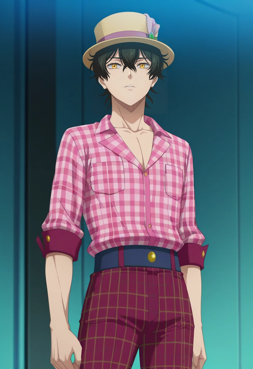 masterpiece, best quality, , anime screencap, anime coloring, , , 1boy, solo, male focus, <lora:yuno_black_clover_ilxl:1>, yuno_black_clover, black hair, yellow eyes, short hair, hair between eyes, , , Plaid trousers, Terry cloth Toile Coral Pink Flannel shirt, , Boater hat,