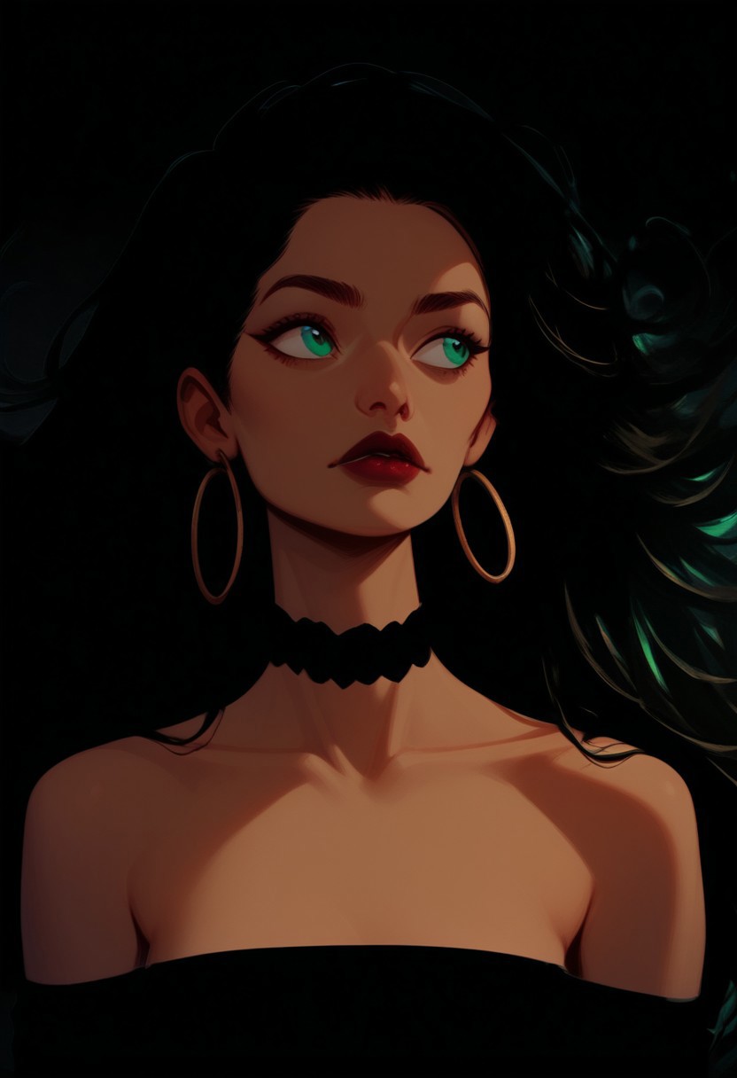 Blend_in, black background, score_9, score_8_up, score_7_up, masterpiece, best quality, absurdres, vibrant, highly detailed, (full front:1.5), upper body, 1girl, solo, 38 y.o gorgeous MILF, (green eyes:0.6), long black hair, straight hair, hoop earrings, black satin choker, (tanned skin:0.6), matte red lipstick, strapless dress, off-shoulder dress, black elbow gloves, bare shoulders, collarbone looking away, looking to the right side, arms at sides, pitch black background, high contrasts, (light from right side:1.2)
