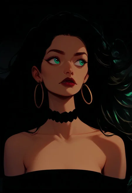 Blend_in, black background, score_9, score_8_up, score_7_up, masterpiece, best quality, absurdres, vibrant, highly detailed, (full front:1.5), upper body, 1girl, solo, 38 y.o gorgeous MILF, (green eyes:0.6), long black hair, straight hair, hoop earrings, black satin choker, (tanned skin:0.6), matte red lipstick, strapless dress, off-shoulder dress, black elbow gloves, bare shoulders, collarbone looking away, looking to the right side, arms at sides, pitch black background, high contrasts, (light from right side:1.2)