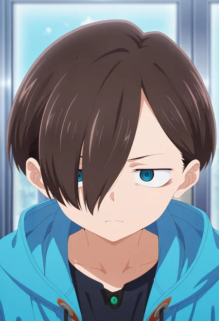 masterpiece, best quality, intricate details, anime screencap, anime coloring, , , 1boy, solo, male focus, <lora:kyoutarou_ichikawa_ilxl:1>, kyoutarou_ichikawa, brown hair, blue eyes, short hair, hair over one eye, bangs, ,