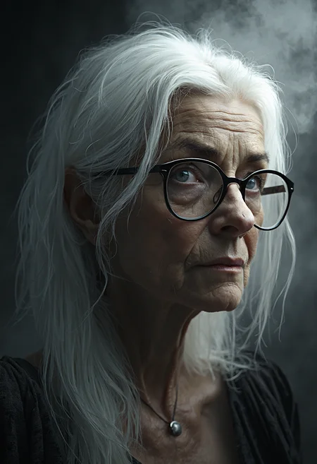 A highly detailed, black-and-white, silhouette, closeup, professional photo portrait of an old woman with wrinkles and long white hair, looking at viewer. She has tanned skin and sad eyes framed by big glasses. Her hair is long and white. She wears an elegant dress. The background is pitch black, with smoke behind the woman, creating a dramatic contrast with her tanned skin and white hair, drawing the viewerâs focus entirely onto her. The lighting, hitting only one side of his face, is hard in chiaroscuro style, giving depth to her features and an air of mystery. The overall style blends gothic and fantasy influences, with a strong emphasis on realism and a refined sense of elegance and enigma.
