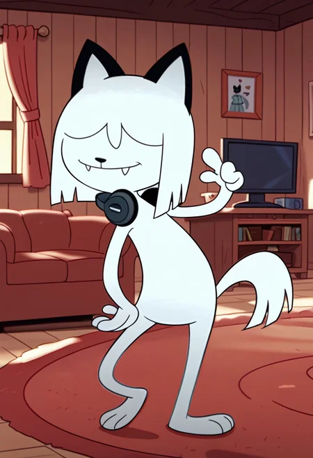score_9, score_8_up, score_7_up BREAK QatTM, 1girl, anthro cat, black nose, hair-covered eyes, unseen eyes, bobcut, tail, black headphones on neck, screenshot, official art, parody, cartoon footage, official design, screencap, cartoon screenshot, official screenshot, cartoon, source_cartoon, solo, solo focus, smiling at viewer, living room indoors, living room background, full body, fangs,