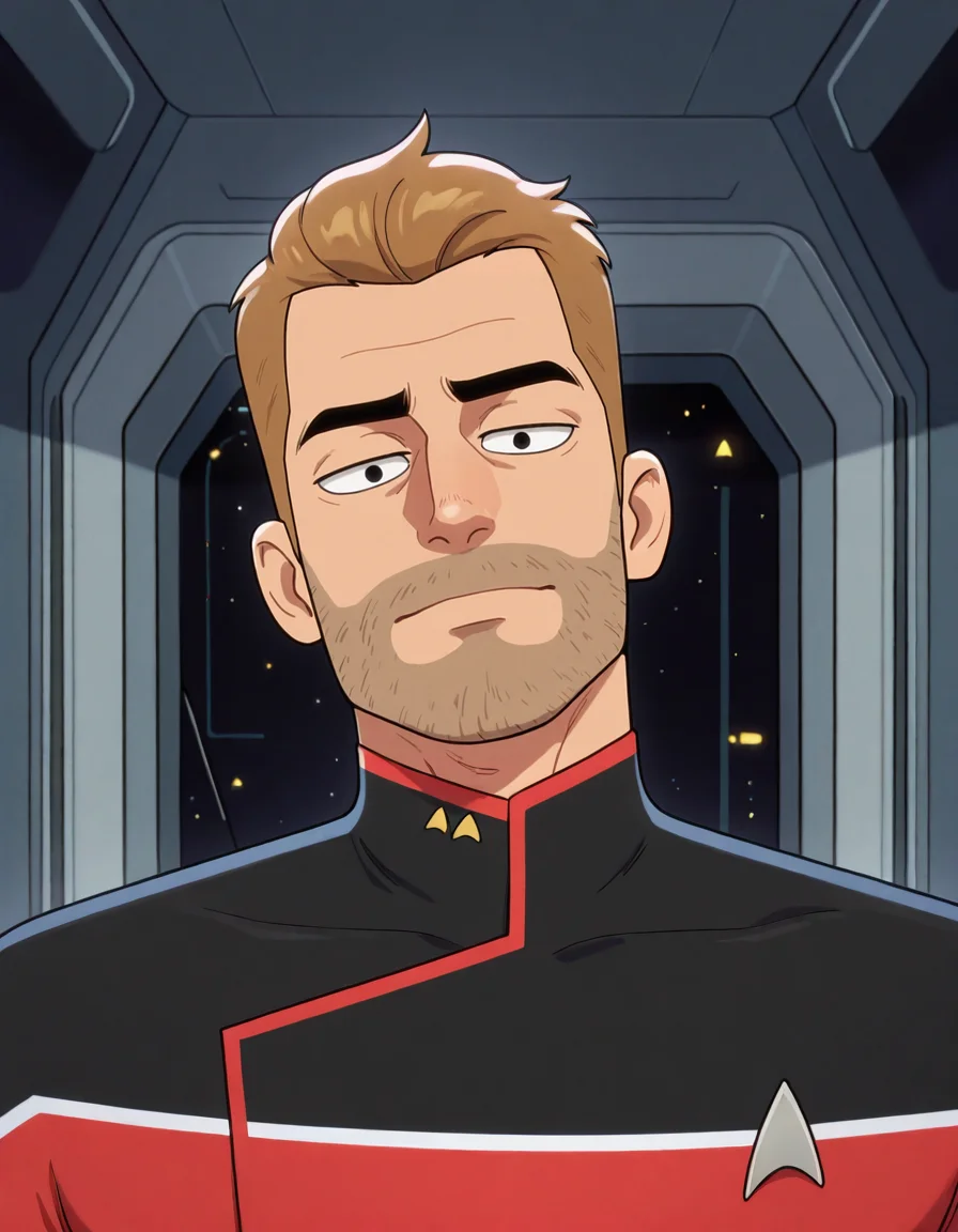 masterpiece, best quality, newest, perfect quality, best quality, detailed background, intricate details, male focus, anime, solo, <lora:Star Trek Lower Decks - Jack Ransom - Illustrious-000007:0.7> jackrans0m, 1boy, mature male, muscular, black eyes, stubble, star trek uniform, red two-tone uniform, spacecraft interior, looking at viewer, portrait, head tilt