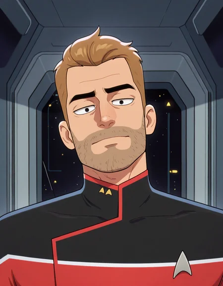 masterpiece, best quality, newest, perfect quality, best quality, detailed background, intricate details, male focus, anime, solo, <lora:Star Trek Lower Decks - Jack Ransom - Illustrious-000007:0.7> jackrans0m, 1boy, mature male, muscular, black eyes, stubble, star trek uniform, red two-tone uniform, spacecraft interior, looking at viewer, portrait, head tilt
