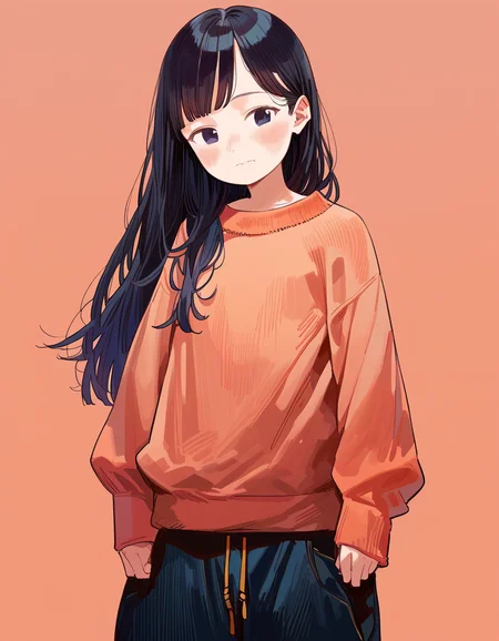 score_9, score_8_up, score_7_up, 1girl, blush, long hair, black hair, looking at viewer, arms at sides, baggy pants, simple background, cowboy shot, closed mouth, long sleeves, sweater, film grain, <lora:eikohPony:1>