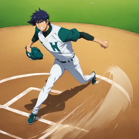 masterpiece,high score,great score,absurdres,goro shigeno,1boy,male focus,solo,clenched teeth,teeth,baseball uniform,no.56 baseball uniform,pants,white pants,shoes,sportswear,sneakers,full body,indiana hornets baseball jersey,white-green baseball jersey,official art,pitching,throwing,from_above,<lora:Goro_Shigeno_V1-1:0.8>,