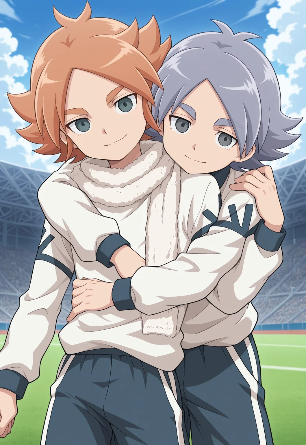 masterpiece,best quality,amazing quality, source_anime,
2boys, brothers, looking at viewer, smile,
alpine soccer unifor, white shirt, long sleeves, grey shorts, hug from behind,
FubukiAtsuya, 1boy, male focus, grey eyes, orange hair, BREAK
fubukishirou, 1boy, male focus, grey hair, parted bangs, grey eyes, BREAK
outdoor, sky, day, clouds,